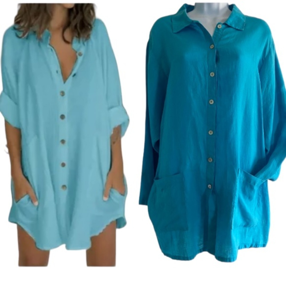 LA BLANCA by Rod Beattie Linen Shirt Dress Cover Up Blue Size M